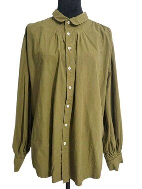 Alex Mill Size XL  Top Blouse Button Down Scallop Collar Olive Green Cotton